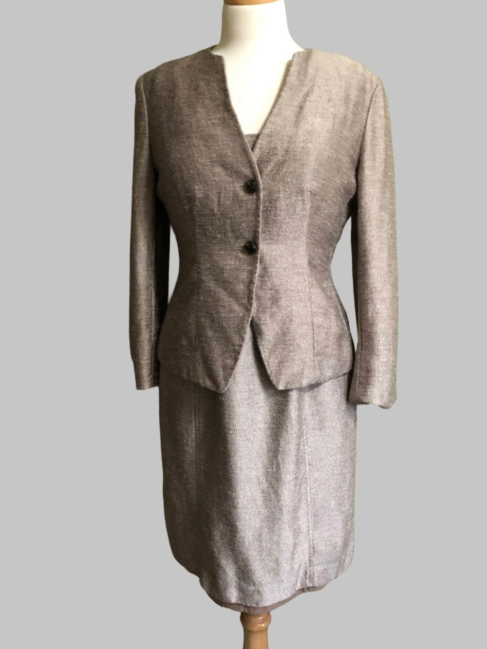 VTG Anne Klein Silk Linen Wool Blend Dress & Jacket Suit Set Tan Size 8 / 10